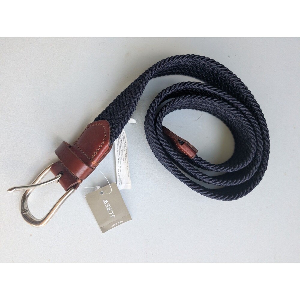 J.Crew Woven Elastic Belt Men’s Small Navy Brown Leather BO337 NWT